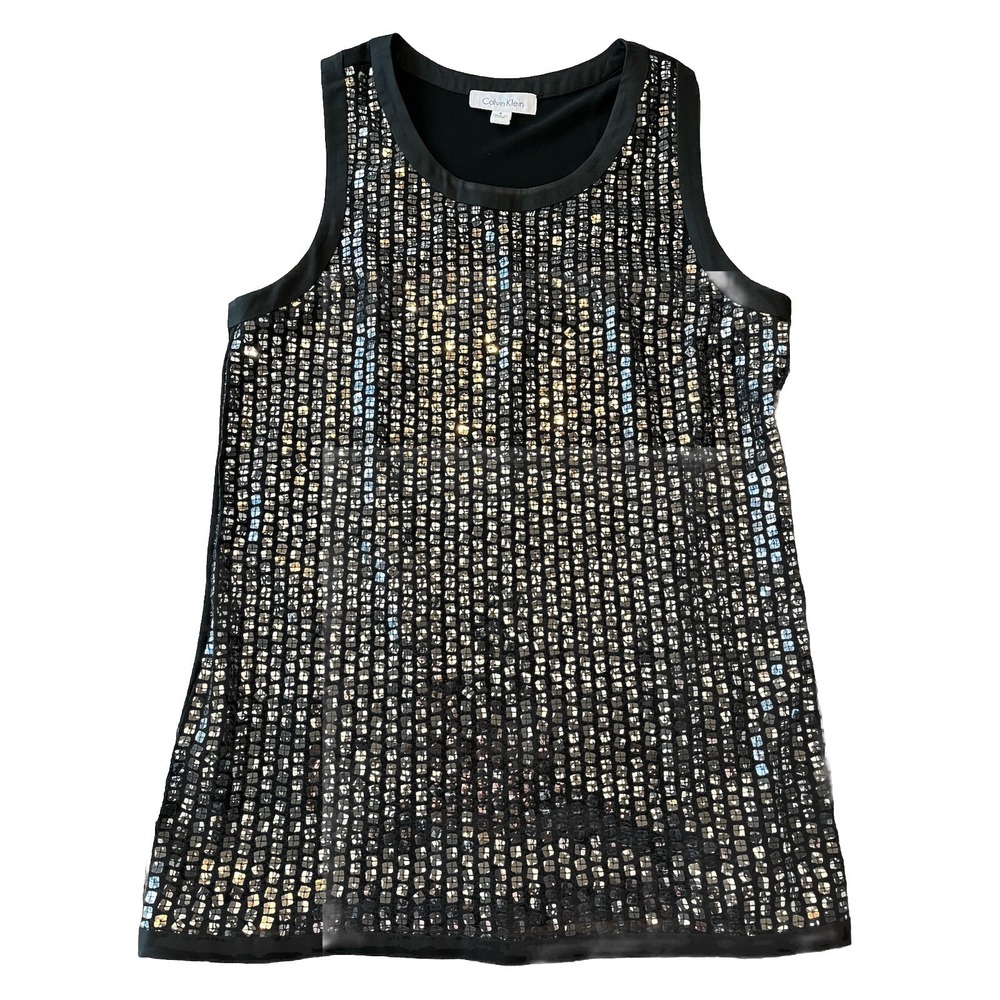 Calvin Klein Black SEQUIN Sleeveless Tank Top Shell Sz SMALL Cocktail Party G23